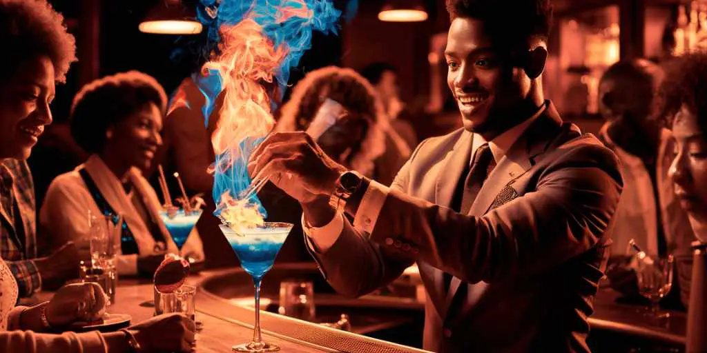 A flair bartender making a Jerry Thomas's Blue Blazer cocktail at a jazz bar.