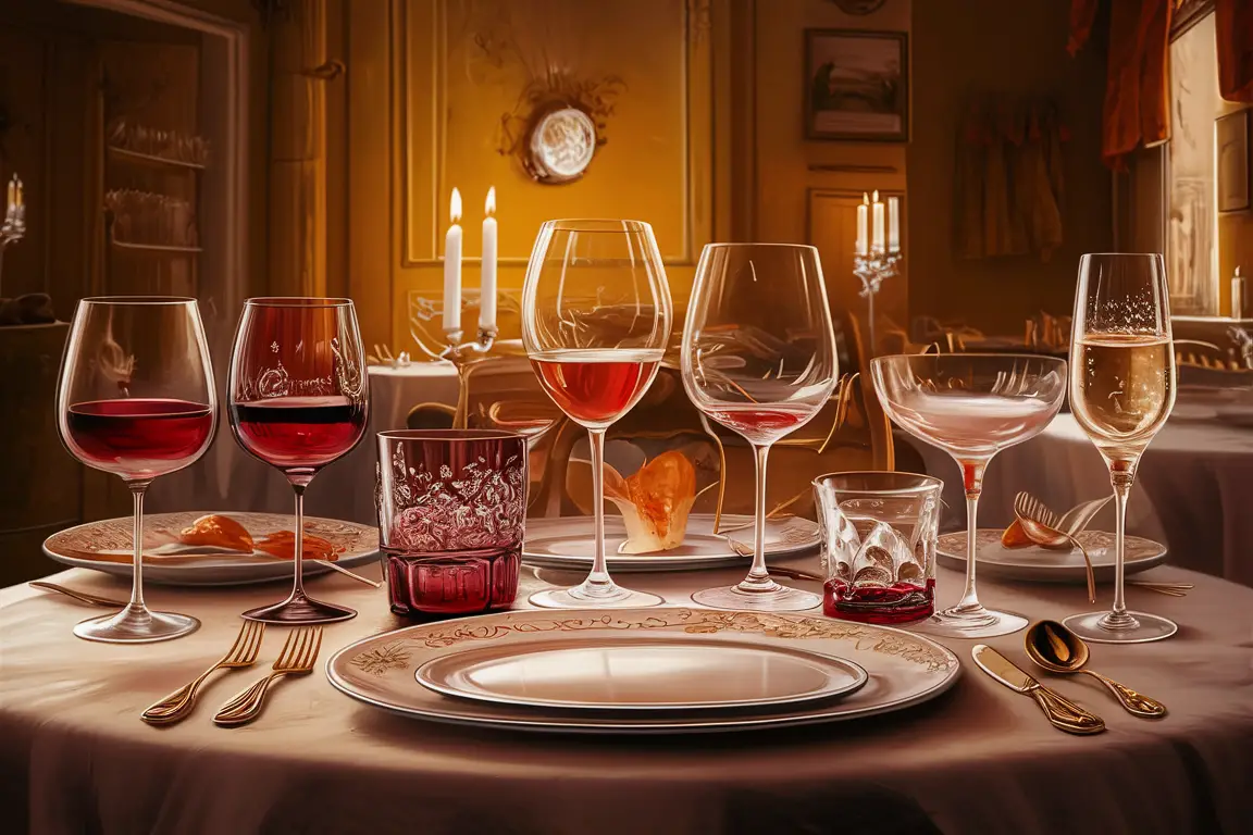 a table with a Burgundy Glass, Bordeaux Glass, Chardonnay Glass, Dessert Wine Glass, Stemless Wine Glass, Coupe Glass and Champagne Flute wine glasses on a table in a warm, inviting French restaurant